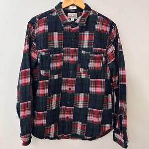 J.Crew‎ Mens L Patchwork Red Blue Plaid Flannel Shirt Double Brushed Slim Fit